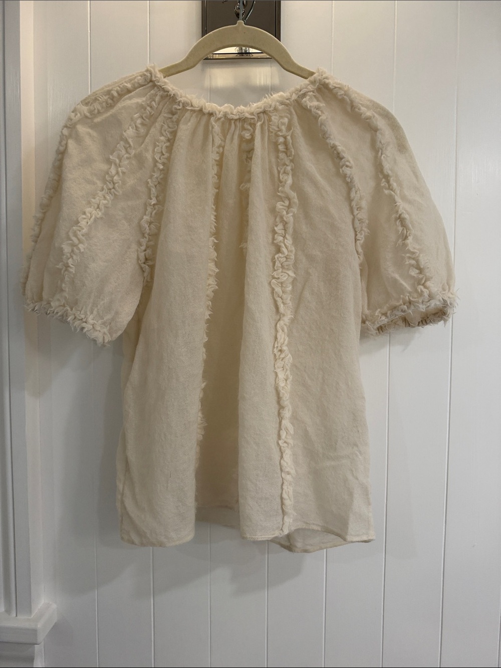 Ulla Johnson Ivory Frayed-Trim Puff Sleeve Top